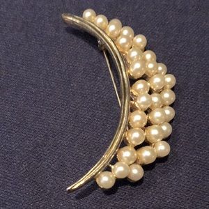 Pearl and gold tone half moon brooch